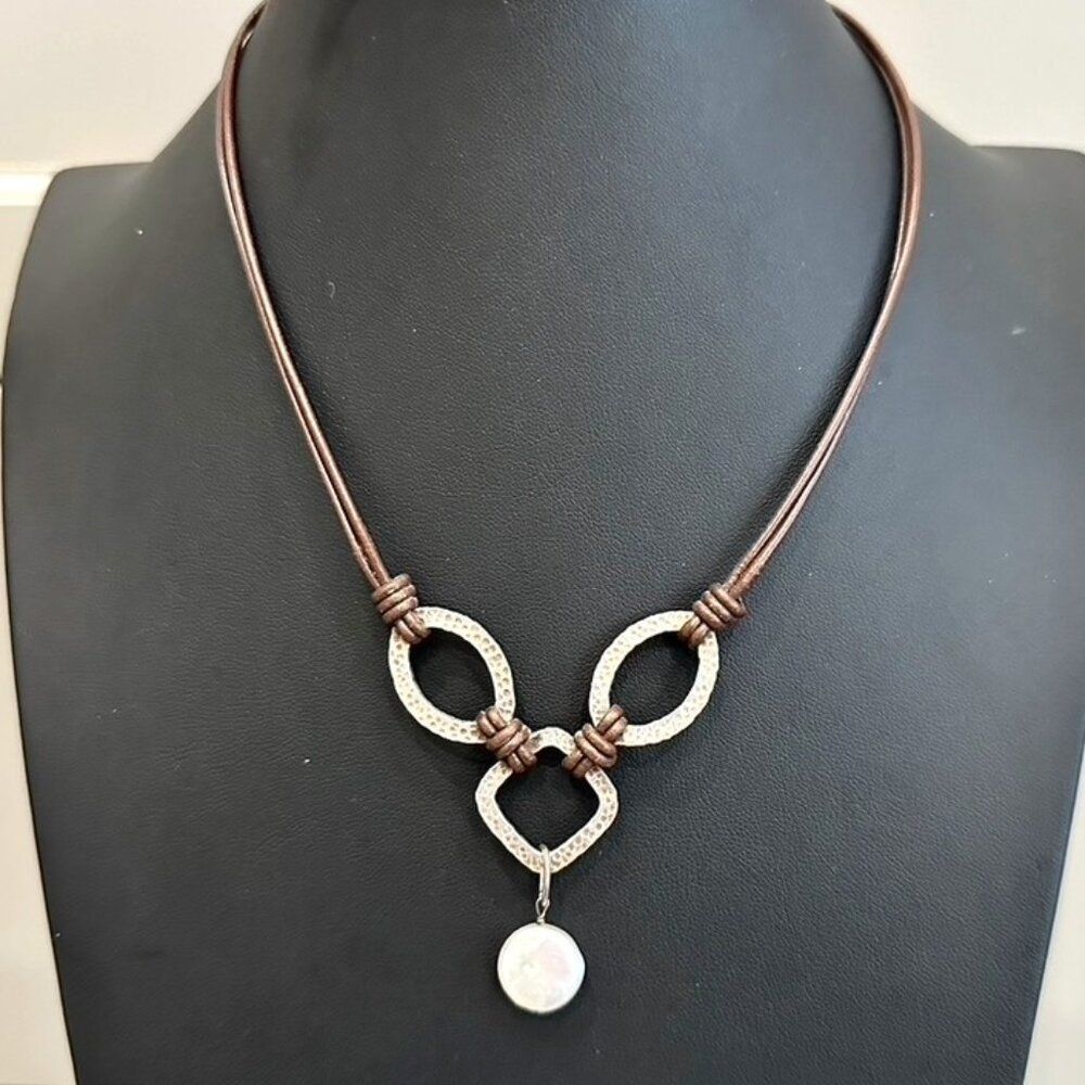 Silpada N1257 Brown Leather Coin Pearl Necklace Sterling Silver 925